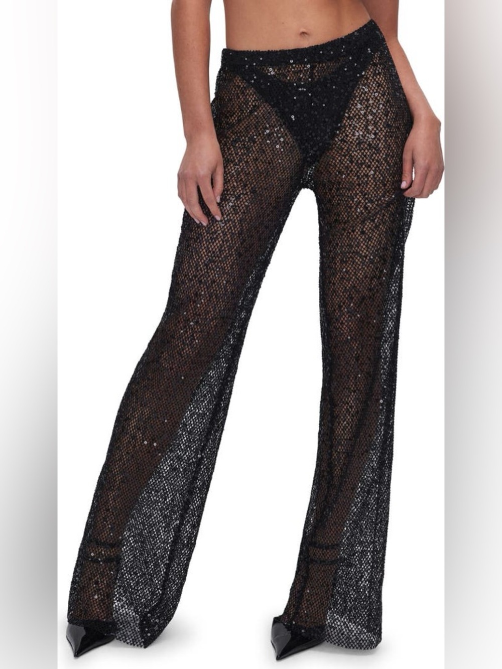 Good American Sheer Black Sequin Wide Leg Cover-Up Pants in Small
